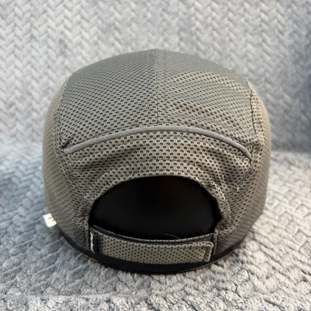 Grey Mesh 5 Panel Running Hat Reflective Piping Adjustable Strap Athletic Cap